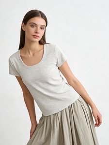 T-shirt court à col U pour femme, 92% coton, 8% élasthanne, avec logo brodé personnalisé, t-shirt court extensible à col rond pour femme - Product Image 5