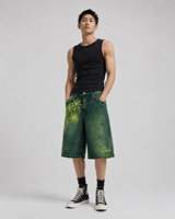 Shorts en jean DiZNEW vert délavé à l'acide avec motif toile d'araignée imprimé, style Y2K grunge, déchirés, amples, pour hommes, vente en gros