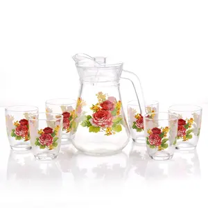 China wholesales nice design decoration drinking glassware set decal juice tea jar pitcher tumbler drinking glass jug cup set