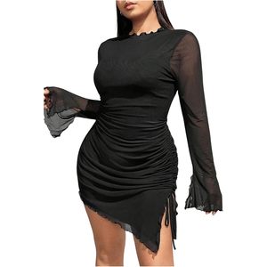 Vestido ajustado de mujer con manga larga acampanada, malla transparente, asimétrico, mini, para club, cintura natural, escote festoneado, tela de gasa - Product Image 1