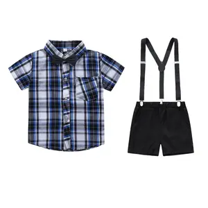 Boy's new classic plaid shirt suit summer boy's plaid short-sleeved shirt tie tie suspender shorts 2-piece set