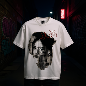 T-Shirt Oversize con Grafica Giapponese Astratta, Stile Streetwear Y2k, Manica Corta Bianca da Uomo, Collo Tondo, 100% Cotone Jersey - Product Image 2