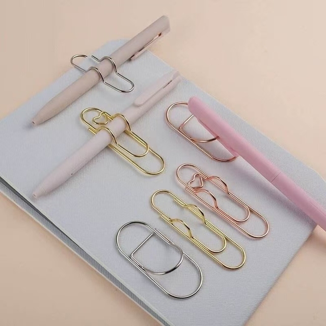Custom Iron CNC Machined Paper Clip Bookmark with Heart Design Pen Holder Clip Decorative Stationery Gift