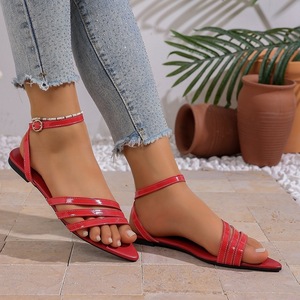 Women Pointed Toe <b>Flat</b> Sandals Multi‑Strap <b>Ankle</b> Buckle <b>Strap</b> Patent Leather Summer Party Ladies Sandals - Product Image 6