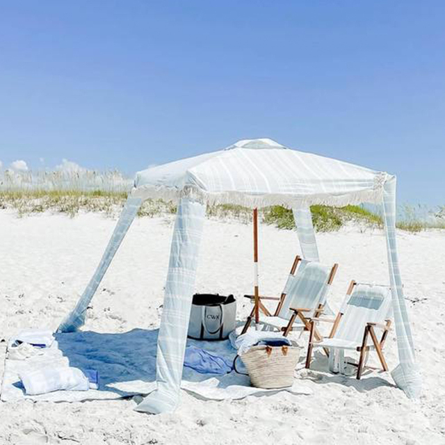 Square 6ft Premium Polyester Canvas UV50+ Beach Tent Canopy Fringe Wooden Pole Pop up Print Beach Shade Umbrella Cabana