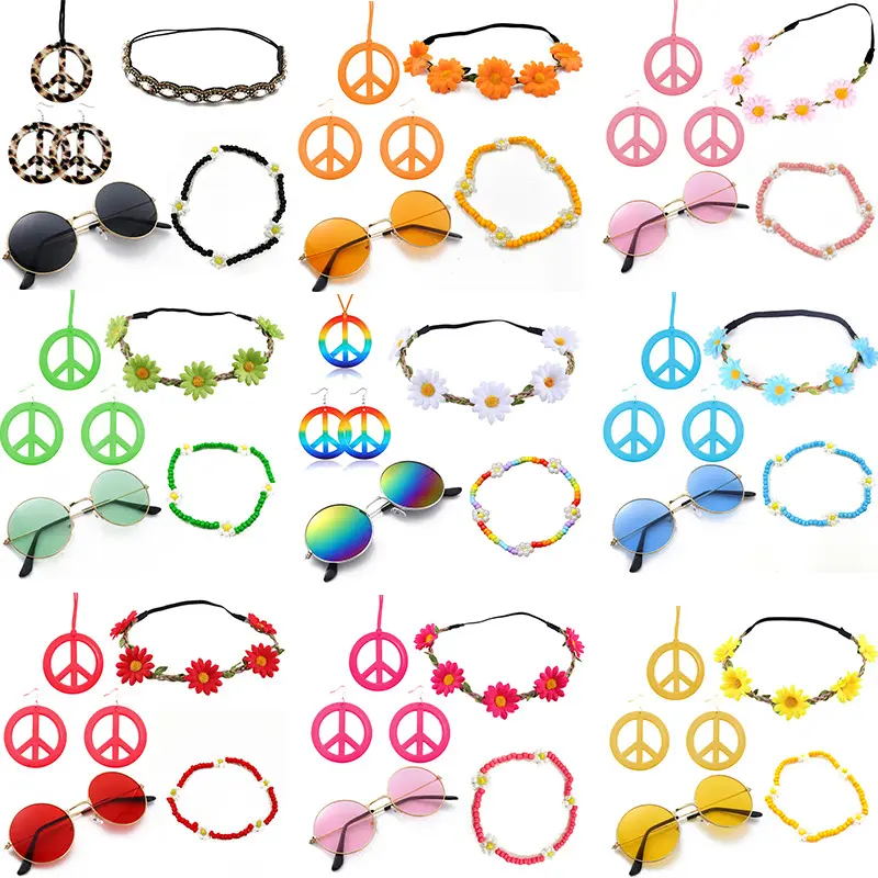 Girls Carnival Party Hippie Colorful Peace Charm Cosplay With Show Pendant Decoration Accessories Halloween Charm Necklace Set