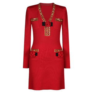 Abito elegante in maglia primaverile con decorazione a forma di rosa da donna a manica lunga scollo a V abito <span class=keywords><strong>corto</strong></span> Mini a linea - Product Image 1