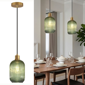 Luminaire suspendu moderne en verre côtelé vert, finition laiton, petit lustre LED pour table à manger, <span class=keywords><strong>salon</strong></span>, chambre, maison - Product Image 1