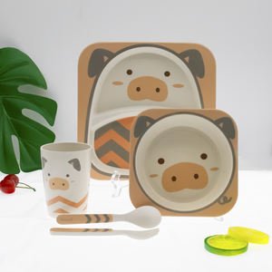 Ensemble de 5 pièces à imprimé Animal de dessin animé, couverts pour enfants, assiettes en Fiber de bambou avec tasse, vaisselle - Product Image 5