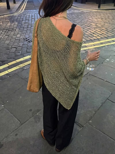 <span class=keywords><strong>Pull</strong></span> en maille vert mousse style grunge 2026 pour femme, <span class=keywords><strong>sexy</strong></span>, épaules dénudées, ample, ajouré, streetwear Y2K, coupe oversize - Product Image 3
