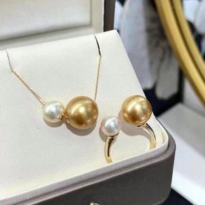 Ni Ni's Natural <b>Fine</b> <b>Jewelry</b> <b>Set</b> Gold Bead Ring 10-11mm Medium Rich Gold 8-7mm Freshwater Akoya Round Strong - Product Image 1