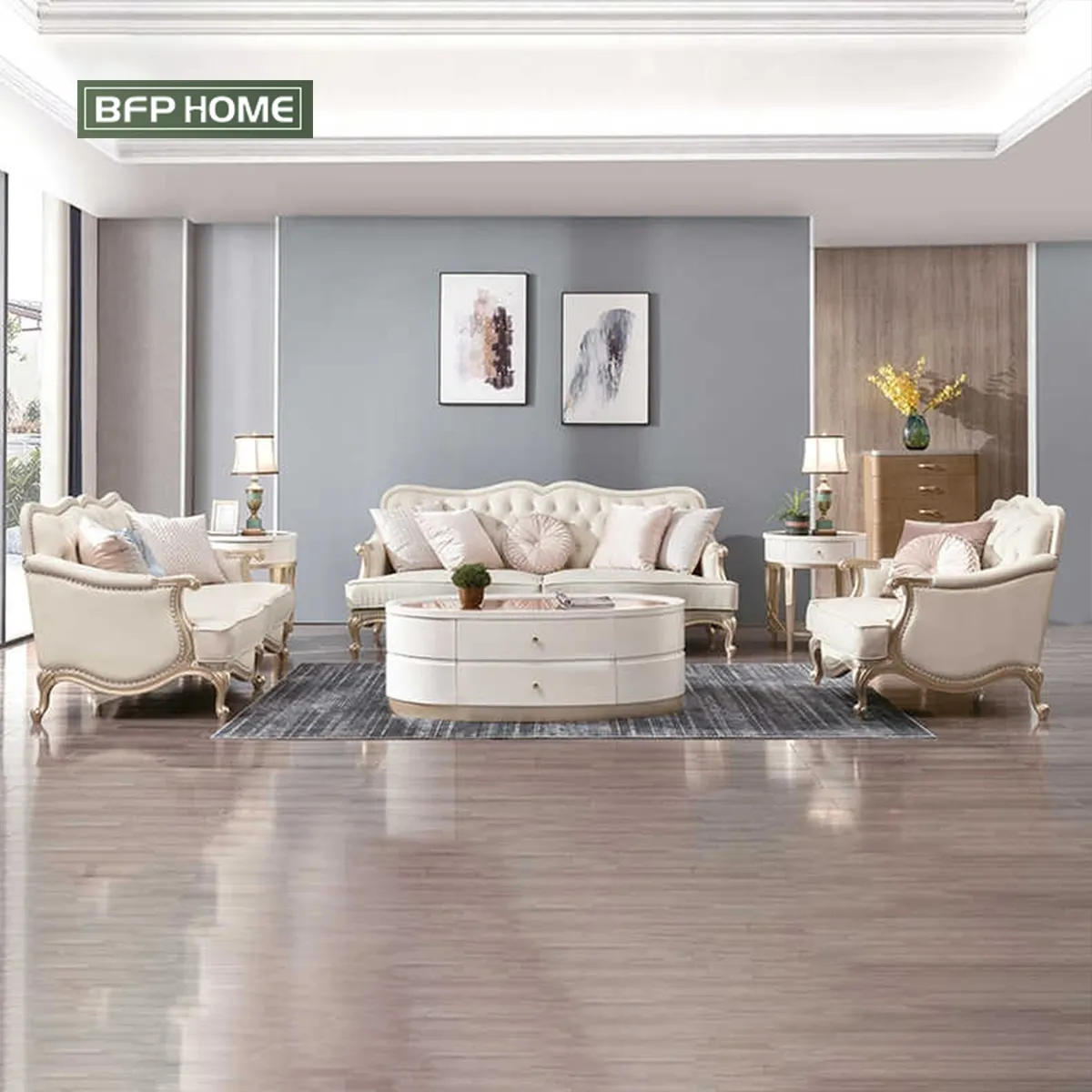 BFP HOME American Luxury Style Solid wood furniture Living Room Modern Sofa Set with Gold/Silver paint