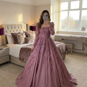 Lavender Square Neck Long Sleeve Beaded Taffeta A-Line Floor-Length Natural Waist Zipper Back Built-in Bra Breathable Dress - Product Image 1