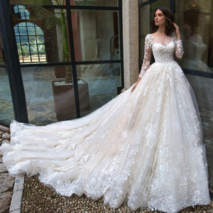 Nuovo Abito da <span class=keywords><strong>Donna</strong></span> a Maniche Lunghe in Pizzo Tinta Unita, Vestito da Sposa Stile Europeo Americano - Product Image 3
