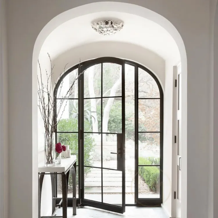 Custom Commercial Arched Entry Metal Steel Iron Glass Double Front Exterior Patio French Door