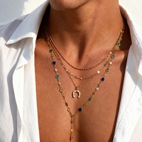 Ensemble de colliers superposés bohèmes multicolores avec pendentif fer à cheval en chaîne de cristaux pour hommes, accessoires de bijoux rétro pour le quotidien masculin
