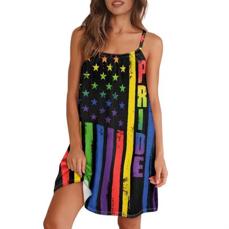 Mini-robe d'été à épaules dénudées pour femmes Vente en gros LGBTQ Pride Parades Spaghetti Dress Lady Sexy Beach Sundress OEM POD