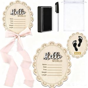 Panneau d'annonce 7 pouces double face en bois gravé forme hexagonale avec nœud en organza pour baby shower et mariage - Product Image 2