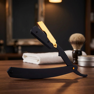 MORGANS INDUSTRIES Black Foldable Straight <b>Razor</b> Gold Blade for <b>Men</b> Barber Shop Use Single Blade Shaving Tool Stainless Steel - Product Image 1