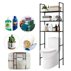 Scaffale Nero per WC a 3 Ripiani, Mobiletto Contenitore da Bagno, Scaffale Autoportante in Metallo Battuto per il Contorno del WC - Product Image 1