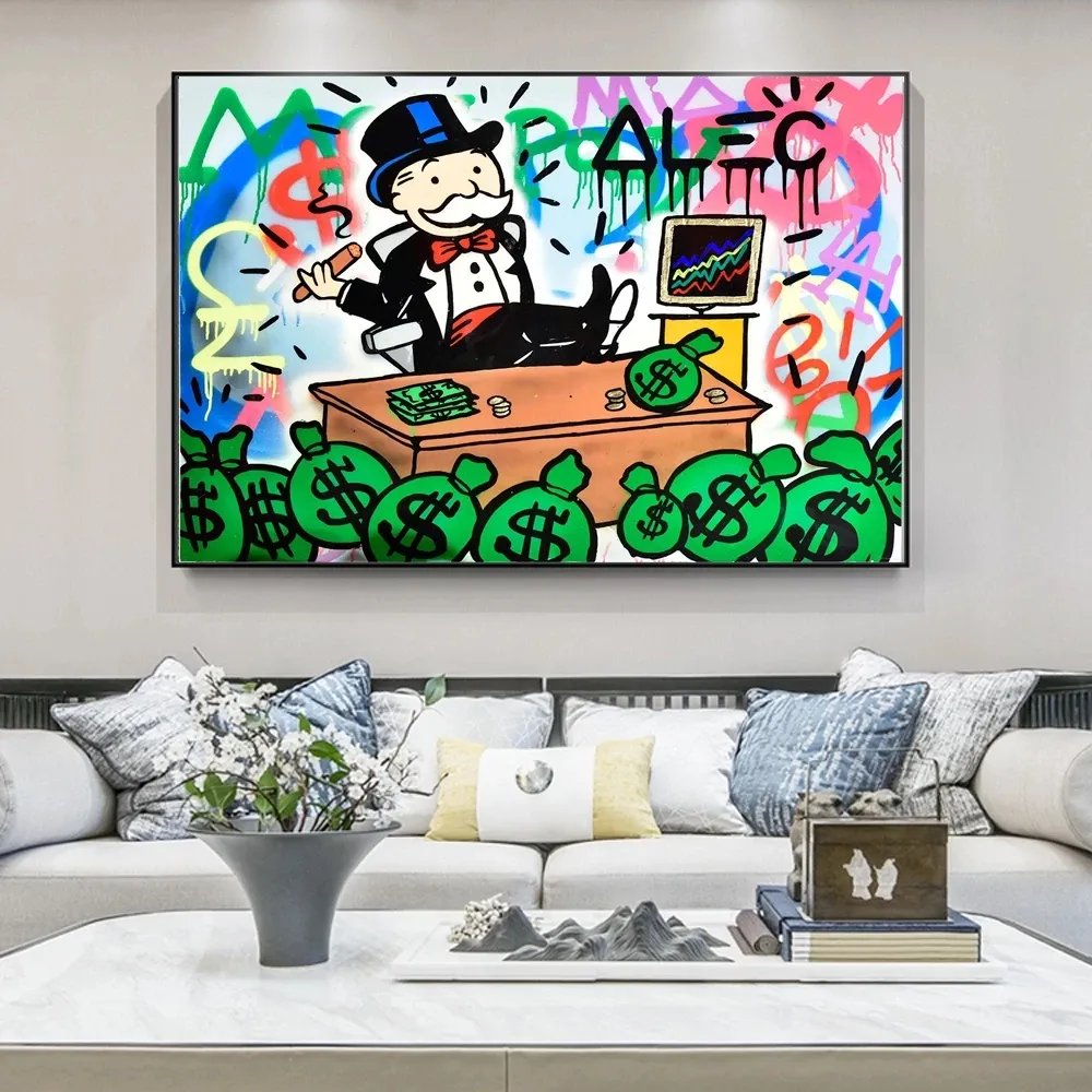 Alec Monopoly Rich Man Money Art Canvas Painting 100 $ Cash Cartoon Poster and Print Wall Art Picture for Living Room Home Decor