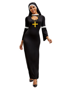 해피 파티 중세 수녀 코스프레 의상 여성을위한 검은 정장 할로윈 공연복을위한 모자와 목걸이 - Product Image 3