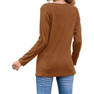 Fisoew Camisa informal de manga larga para mujer, cuello redondo, botones laterales, camisa asimétrica de punto, uso diario - Product Image 4