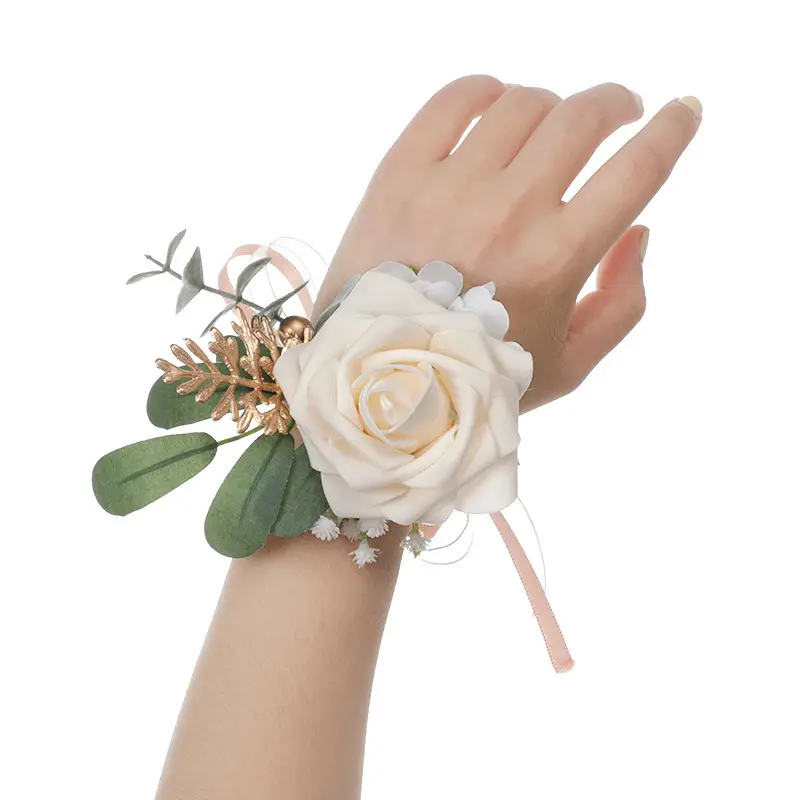 Artificial Flowers Wholesale Western wedding Bride Bridesmaid Wrist Flower Champagne green leaf flower men's corsage accessories