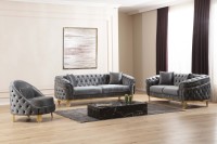 Vente en gros de canapés de salon Chesterfield en velours gris de luxe de style contemporain avec pieds dorés et dossier à boucle capitonnée