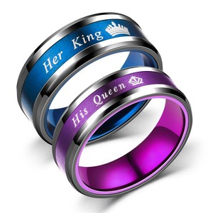 Venta al por mayor de anillos de boda de acero inoxidable negro de moda su rey su Reina pareja anillo de bodas - Product Image 1