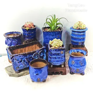 Commercio all'ingrosso tango fatto a mano con bocca rotonda smaltata a bocca quadrata con personalità unica blu Multi pianta succulenta vaso da fiori in ceramica