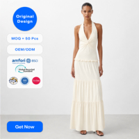 Robe longue personnalisée en ivoire à col halter, décolleté plongeant, torsadée devant, à volants, pour femme, élégante, été, fabrication en usine, vente en gros, fournisseur OEM