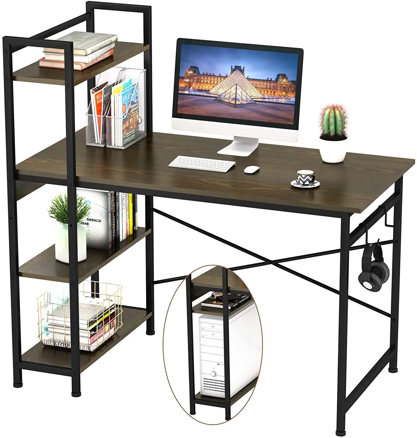 Computer Desk with 4 Tier Shelves for Home Office 47" Writing Study Table with Bookshelf and 2 Hooks Multipurpose Wood Desk