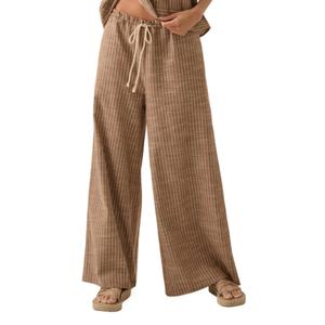 Pantalones de Lino Personalizados al por Mayor con Logotipo para Mujer, Pantalones de Salón de Pierna Ancha con Cordón en la Cintura, Transpirables y Holgados - Product Image 1