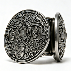 Hebilla de cinturón de aleación de zinc plateada antigua con diseño de máscaras y escudo en relieve, insignia redonda para coleccionismo artístico - Product Image 2