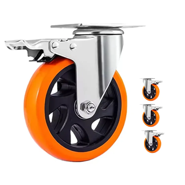 Rodízios de poliuretano laranja com freio para rodas giratórias de placa superior de 2/3/4/5 polegadas