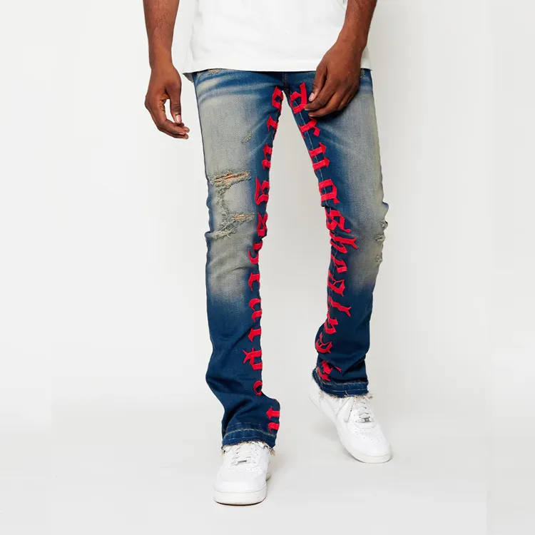Custom Washed Denim Jeans Men Ripped Distressed Pant Inside Silk Screen Printed Straight Jeans
