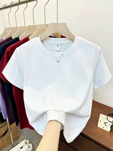 Camiseta de Manga Corta de Algodón Puro Annshine para <span class=keywords><strong>Mujer</strong></span>, Cuello Redondo, Talla Grande, Estilo Veraniego, Nueva Moda, Top Adelgazante - Product Image 5