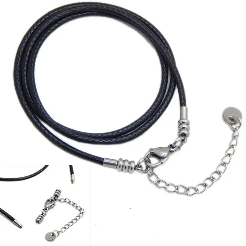 2/3mm cordon en cuir noir Bracelet et collier chaîne en acier inoxydable fermoir mousqueton connecteur corde de cire pour la fabrication de bijoux résultats