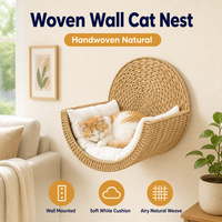 Lit mural tressé pour petits chats, nid suspendu en herbe pour animaux de compagnie avec coussin en peluche blanche, décoration bohème naturelle, maison ronde pour chat pour la maison