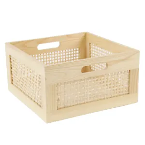 Pine Wood Frame Plywood Bottom Bamboo Board Square Storage Basket With Handle Holes On Both Sides