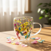 Tasse à lait, jus ou thé à double paroi en verre borosilicate avec fleurs séchées, mug à café double couche avec poignée