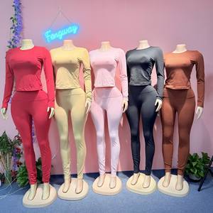 2026 Neues Frühling-Herbst Casual 2-Teiliges Set für Damen Outfit Einfarbig Rundhals Langarm Crop Top Passende Leggings Hose - Product Image 1