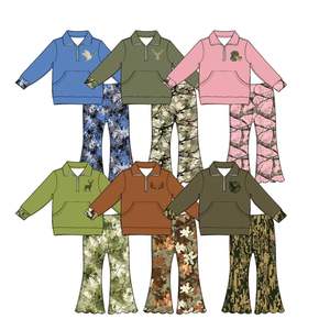 Ensemble de vêtements pour petites filles, motif camouflage de cerf, pull à bord festonné et pantalon évasé, vente en gros, tenues assorties pour sœurs - Product Image 2