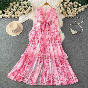 Vestido Maxi de Mujer al por Mayor, Estilo Vintage, Elegante, Estampado, con Cuello en V Profundo, Manga Campana, Abertura Alta, Cintura Alta, para Vacaciones, Fiesta, Boutique, Moda - Product Image 3