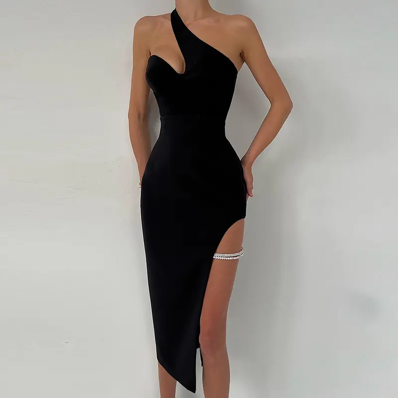 Mode-Stijl Sexy Backless Diner Bal Bandage Een Schouderjurk Zwarte Schuine Schouder Split Borstjurk