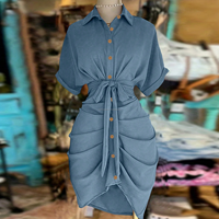 Robe chemise bleu poudré sur mesure OEM, froncée, à taille nouée, simple boutonnage, col, manches courtes, élégante, décontractée pour femme, été