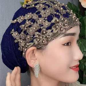 Nouveau design <span class=keywords><strong>2022</strong></span> – Chapeau décontracté en velours doré pour femme avec bord fleuri – Chapeau populaire pour foulard musulman - Product Image 4