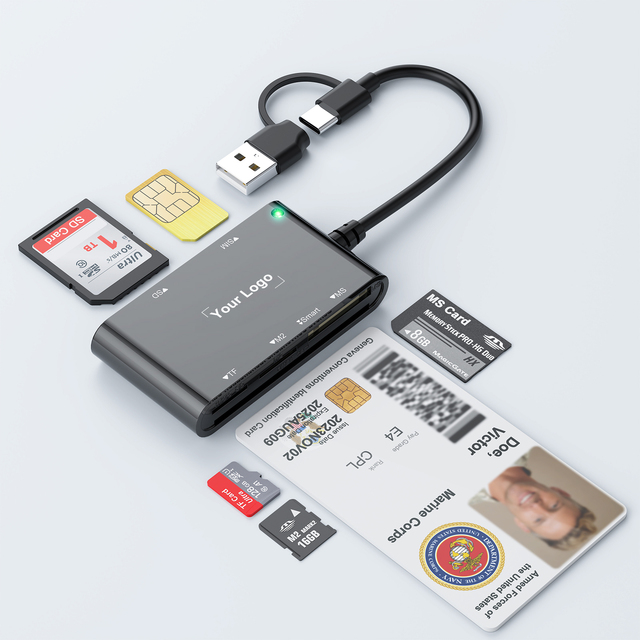 6-in-2 Smart Card Reader with USB-C & USB-A MS M2 SD TF SIM IC ID Card Reader for Windows Mac