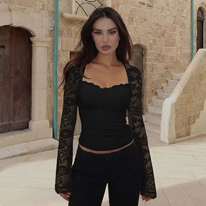 Wholesale 2026 Spring Hot Selling Women's Fashion Sexy Lace <strong>Patchwork</strong> See-Through Strappy Long Sleeve Blouses and <strong>Tops</strong> - Product Image 2